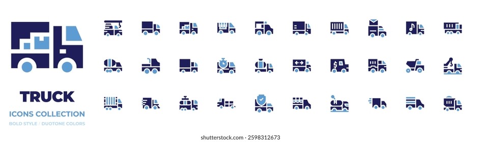 Truck icon collection Bold style Duotone colors. Vector, Frame, delivery truck, truck, dump, tank, cement, crane.