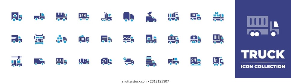 Truck icon collection. Duotone color. Vector illustration. Containing moving, mini, truck, delivery, lorry, tv, dump truck, container, tank, pickup truck, van, tanker.