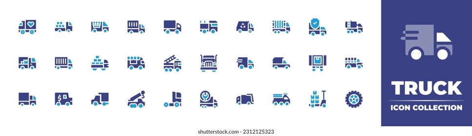 Truck icon collection. Duotone color. Vector illustration. Containing truck, food, delivery, van, recycling, cargo, tank, fire, express delivery, toy, loaded.