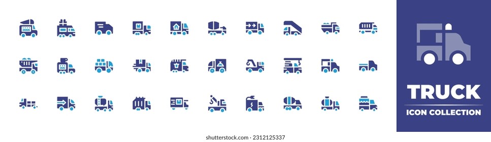 Truck icon collection. Duotone color. Vector illustration. Containing food, gift, delivery truck, moving, mixer, truck, ladder, dump, dumper, mover, coffee.