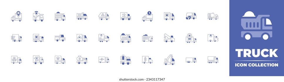 Truck icon collection. Duotone style line stroke and bold. Vector illustration. Containing delivery truck, food, dump, dumper, recycling, refuelling, truck, and more.