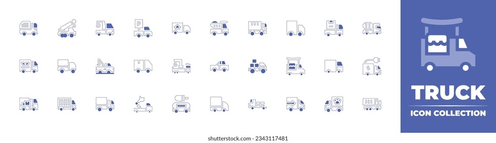 Truck icon collection. Duotone style line stroke and bold. Vector illustration. Containing trash, crane, truck, moving, dump, delivery, shipping, mixer, and more.