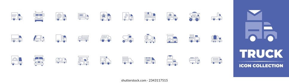 Truck icon collection. Duotone style line stroke and bold. Vector illustration. Containing lorry, container, freezer, delivery, moving, truck, tow, small, and more.