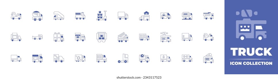 Truck icon collection. Duotone style line stroke and bold. Vector illustration. Containing tow, dump truck, ladder, fire, truck, van, moving, dumper, food, and more.