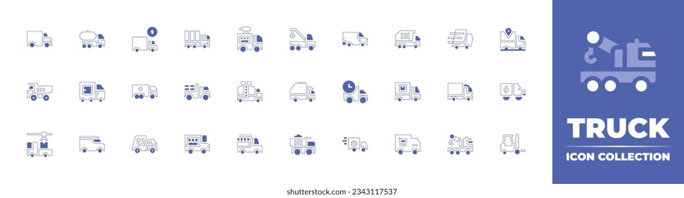 Truck icon collection. Duotone style line stroke and bold. Vector illustration. Containing truck, fuel truck, electric, military, ice cream truck, crane, dumper, fast, and more