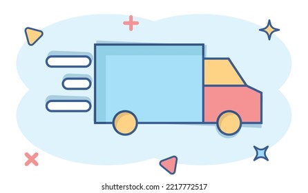 Truck icon in comic style. Auto delivery cartoon vector illustration on white isolated background. Lorry automobile splash effect business concept.