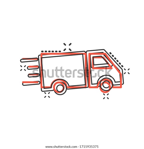 Truck icon in comic style. Auto delivery cartoon\
vector illustration on white isolated background. Lorry automobile\
splash effect business\
concept.
