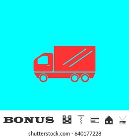 truck icon flat. Red pictogram on blue background. Vector illustration symbol and bonus buttons Music center, corkscrew, credit card, house, drum