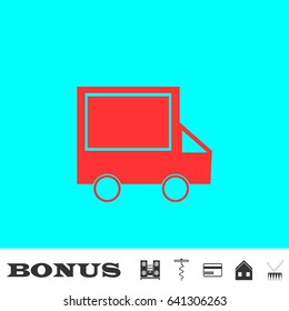 Truck icon flat. Red pictogram on blue background. Vector illustration symbol and bonus buttons Music center, corkscrew, credit card, house, drum