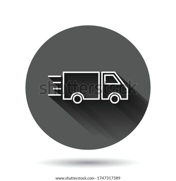 Truck icon in flat style. Auto\
delivery vector illustration on black round background with long\
shadow effect. Lorry automobile circle button business\
concept.