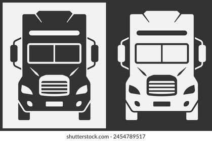 Truck icon front view. Black on White Background. Vector Illustration.