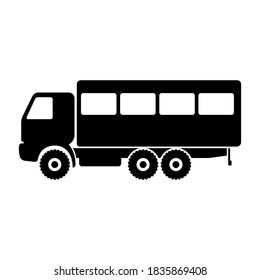 Truck icon. Heavy large off-road vehicle for transporting people. Black silhouette. Side view. Shift worker. Vector flat graphic illustration. The isolated object on a white background. Isolate.