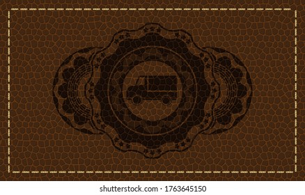 truck icon inside leather emblem. Wallet exquisite background. Artistic illustration. 