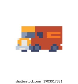 Icono del camión. El arte de Pixel es de estilo plano. Sprites de 8 bits. Activos de juego. Ilustración vectorial abstracta de Van aislada.