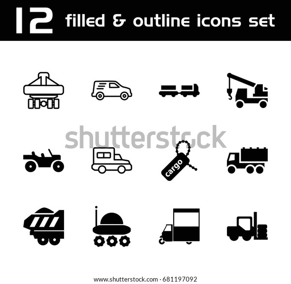 Truck icon. set of 12 truck filled and outline icons\
such as forklift, van, cargo tag, cargo trailer, tractor, cargo\
plane back view