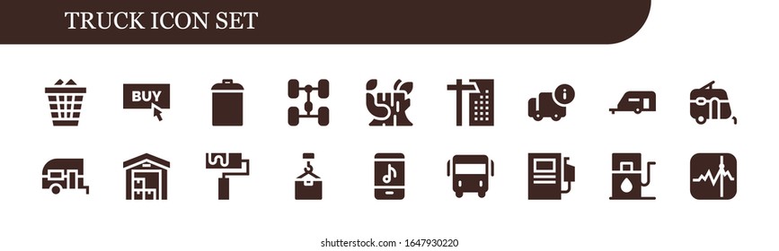 truck icon set. 18 filled truck icons. Included Waste, Buy, Garbage, Chassis, Log, Crane, Delivery, Caravan, Roller, Online store, Bus, Fuel station, Gas station, Stocks icons