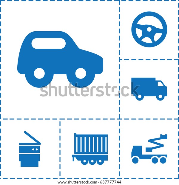 Truck icon. set of 6 truck\
filled icons such as toy car, crane, cargo trailer, trash bin,\
truck