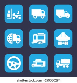 Truck icon. set of 9 filled truck icons such as truck, forklift, trailer, van, cargo plane back view, delivery car, wheel