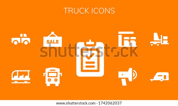 truck icon set. 9 filled truck\
icons.  Simple modern icons such as: Delivery, Bus, Sale,\
Transportation, Truck, Caravan, Forklift, Promotion, Gas\
station