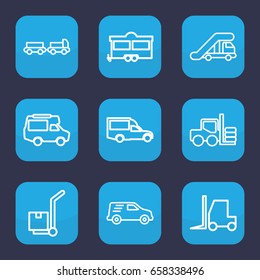 Truck icon. set of 9 outline truck icons such as forklift, tractor, van, trailer, cargo on cart