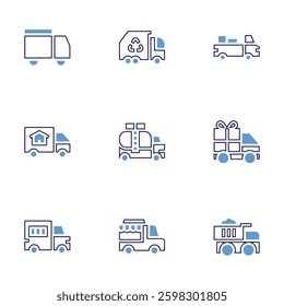 Truck icon set Bold line style Duotone colors Editable stroke. truck, oil truck, food truck, real estate, recycling.