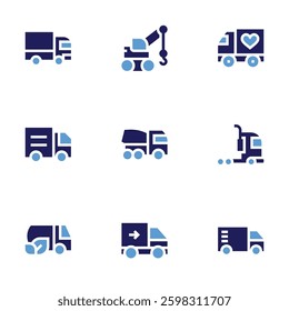 Truck icon set Bold style Duotone colors. tow truck, automobile, truck, cement, delivery, semi, refuelling truck.