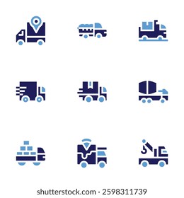 Truck icon set Bold style Duotone colors. delivery, mixer truck, crane, trash, delivery van, food, cargo.