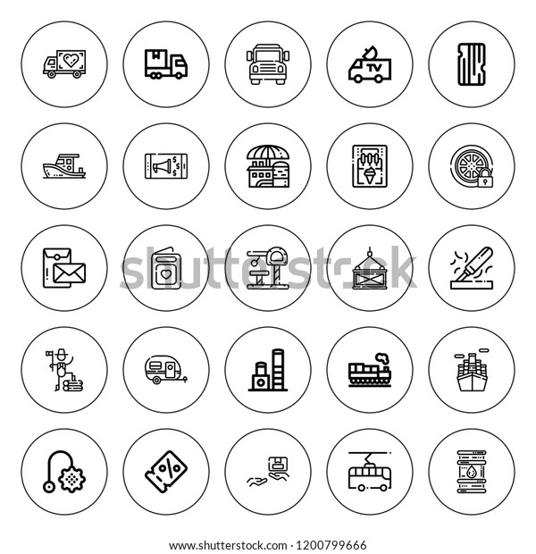 Truck icon set.\
collection of 25 outline truck icons with cargo, caravan, coupon,\
delivery, delivery truck, logistics, ice cream machine, lumberjack\
icons. editable icons.