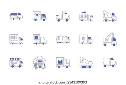 Truck icon set. Duotone style line stroke and bold. Vector illustration. Containing trash, moving, pickup, truck, tow, delivery, tanker, crane truck, food truck.