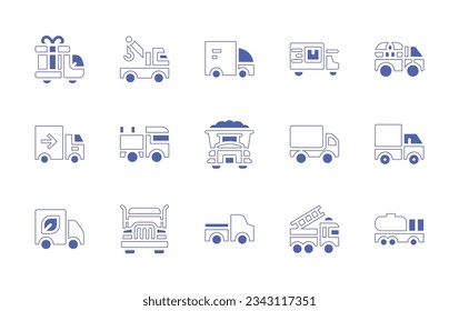 Truck icon set. Duotone style line stroke and bold. Vector illustration. Containing delivery, crane, truck, cargo, van, fire, tanker.