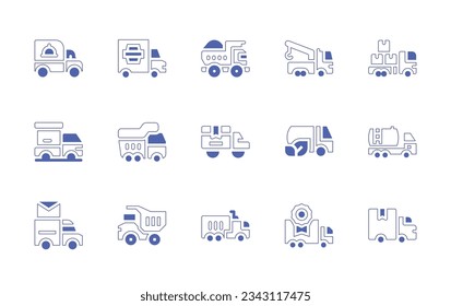 Truck icon set. Duotone style line stroke and bold. Vector illustration. Containing delivery, food, dump, tow, truck, refuelling, mail.
