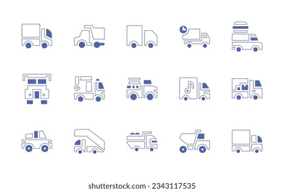 Truck icon set. Duotone style line stroke and bold. Vector illustration. Containing truck, delivery, food, tow, pick up, ladder, dump truck.