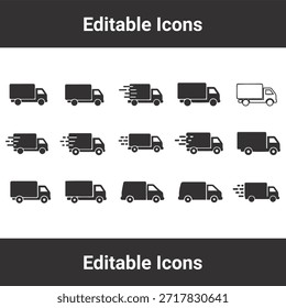 Conjunto de iconos de camiones con símbolos de camionetas de entrega y transporte de carga para servicios de logística y envío.