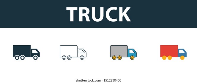 Truck icon set. Four elements in diferent styles from transport icons collection. Creative truck icons filled, outline, colored and flat symbols.