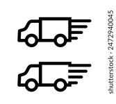 Truck icon set. Freight, delivery symbol. truck sillhouette for web, social media, printable. Vector illustration. Black contour linear silhouette. Side view truck. Editable strokes. fast delivery.
