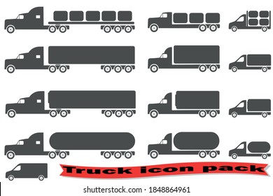 Truck Icon. A Set Of Truck Icons. The Icon Of The Car. Simple Drawing Of A Truck. Fuel Truck, Open Platform, Refrigerator, Industrial Van.