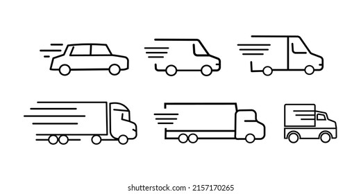 Truck Icon. A Set Of Truck Icons. The Icon Of The Car. Simple Drawing Of A Truck. Fuel Truck, Open Platform, Refrigerator, Industrial Van.