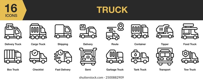 Conjunto de iconos de camión. Incluye contenedor, entrega, comida, tanque, grúa, y más. Colección de Vector de iconos de contorno.