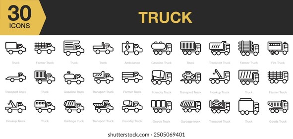 Truck icon set. Includes farmer, gasoline, foundry, hookup, fire truck and More. Outline icons vector collection.