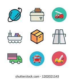 truck icon set. vector set about cargo ship, crane, delivery and fire truck icons set.