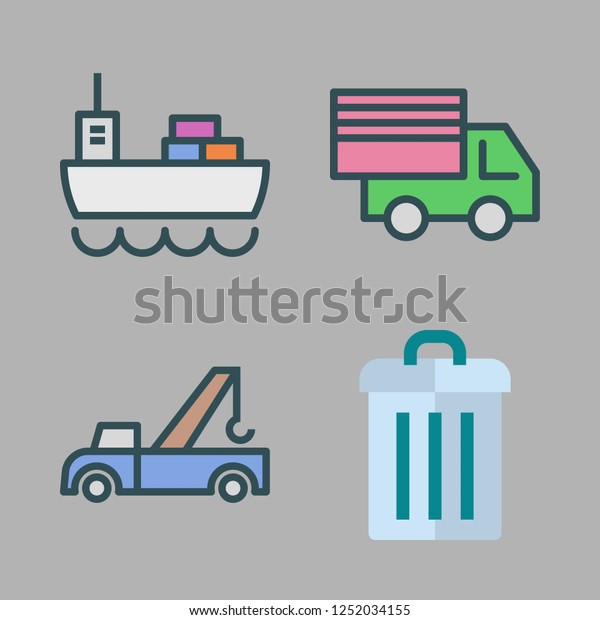 truck icon set. vector set about cargo\
ship, garbage, cargo truck and crane icons\
set.