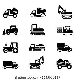 Truck icon set. Vector silhouettes. Stock vector construction machine pictogram icon set. 