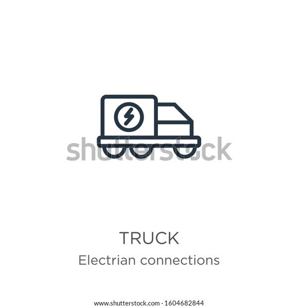 Truck icon. Thin linear truck outline icon\
isolated on white background from electrian connections collection.\
Line vector sign, symbol for web and\
mobile