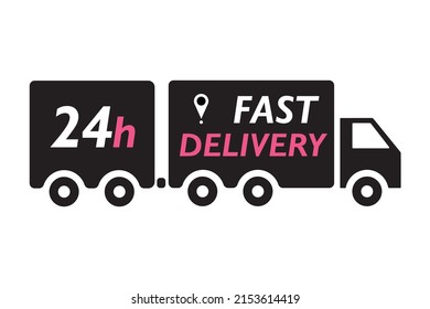 Truck icon with trailer and fast delivery 24 hours, express delivery, fast moving, on white transparent background - editable vector illustration, eps10