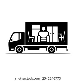 Truck icon. Van. Furniture transportation. Moving to another house. Black silhouette. Side view. Vector simple flat graphic illustration. Isolated object on white background. Isolate.