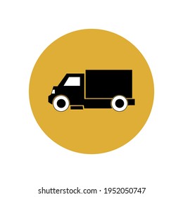 Truck icon in a yellow circle. Delivery and transportation of goods. User interface button in smartphone app. Vector illustration