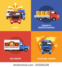 Truck icons flat set with logistics radioactive materials food international transport isolated vector illustration