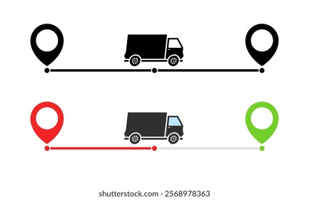 Truck icons. Route icons. Flat and silhouette style. Vector icons.