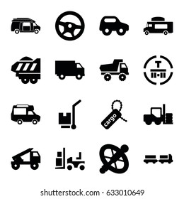 Truck icons set. set of 16 truck filled icons such as forklift, toy car, van, cargo tag, cargo terminal