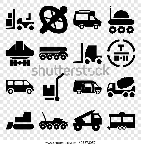 Truck icons set. set\
of 16 truck filled icons such as van, concrete mixer, tractor,\
forklift, trailer, cargo terminal, cargo on cart, cargo plane back\
view, military car